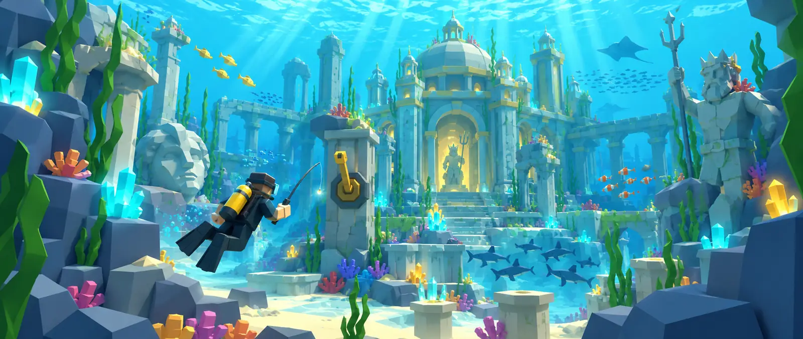 Fisch illustration of a sunken low-poly city with a domed temple, marble columns, glowing crystals and statues holding tridents, as a blocky diver with a fishing rod swims toward a lever on a pillar