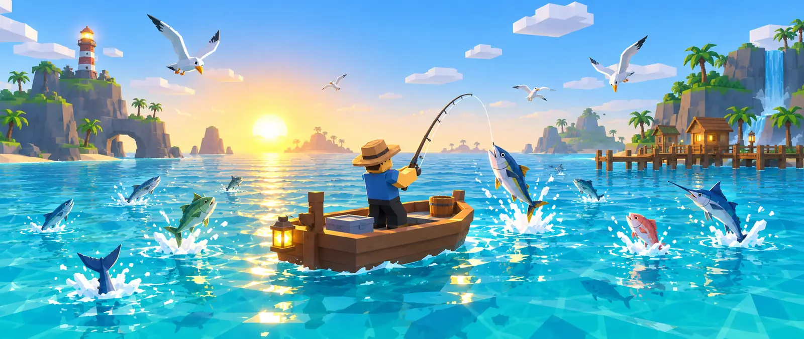 Fisch illustration of a blocky angler in a small boat at sunrise reeling in a tuna while many fish leap all around, with seabirds overhead, a lighthouse and a dock on the islands