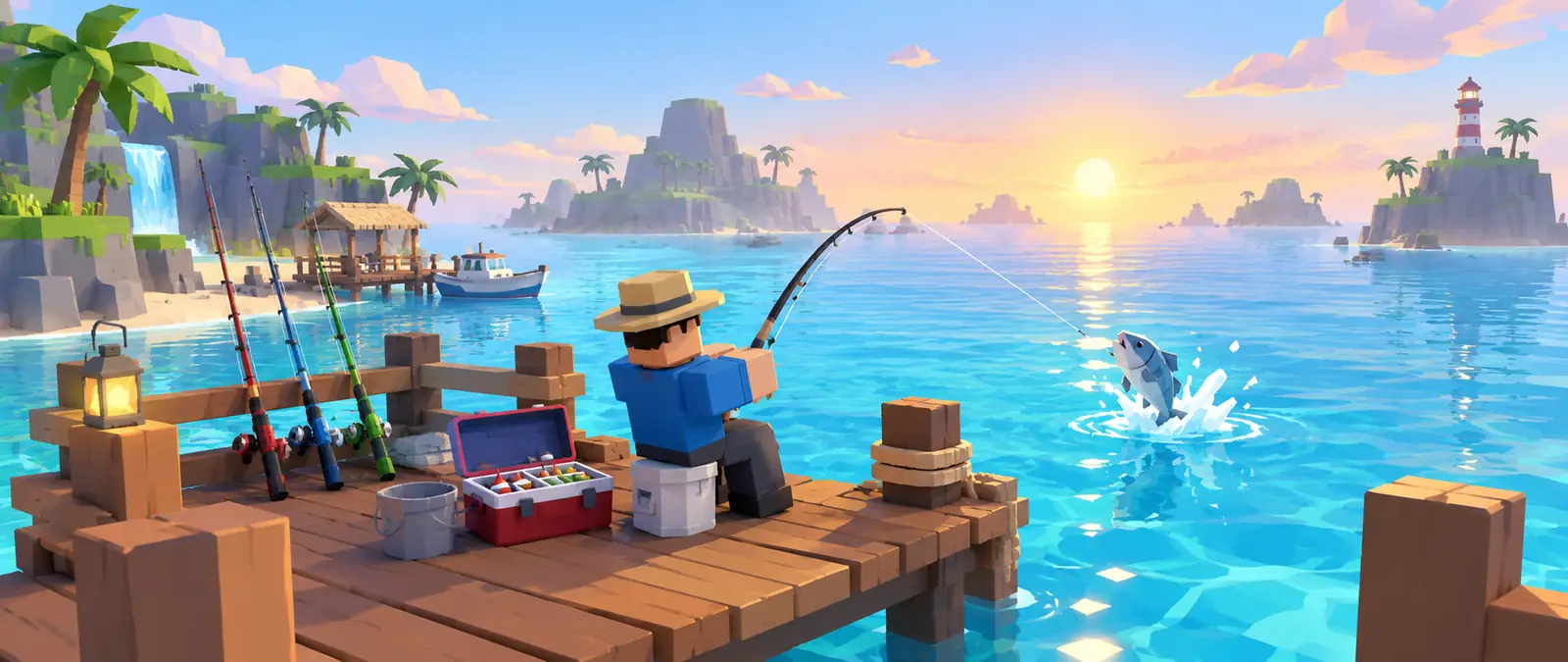 Fisch illustration of a blocky angler on a sunny low-poly jetty reeling in a fish that leaps from the water, beside an open tackle box, a bucket and three rods leaning on the railing, with palm islands and a lighthouse at sunrise
