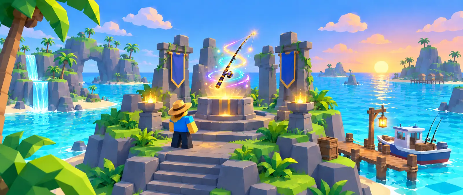 Fisch illustration of a low-poly seaside shrine at sunset: a fishing rod floats above a stone altar wrapped in swirling purple, teal and gold light while a blocky fisherman watches, with stone pillars and a moored boat