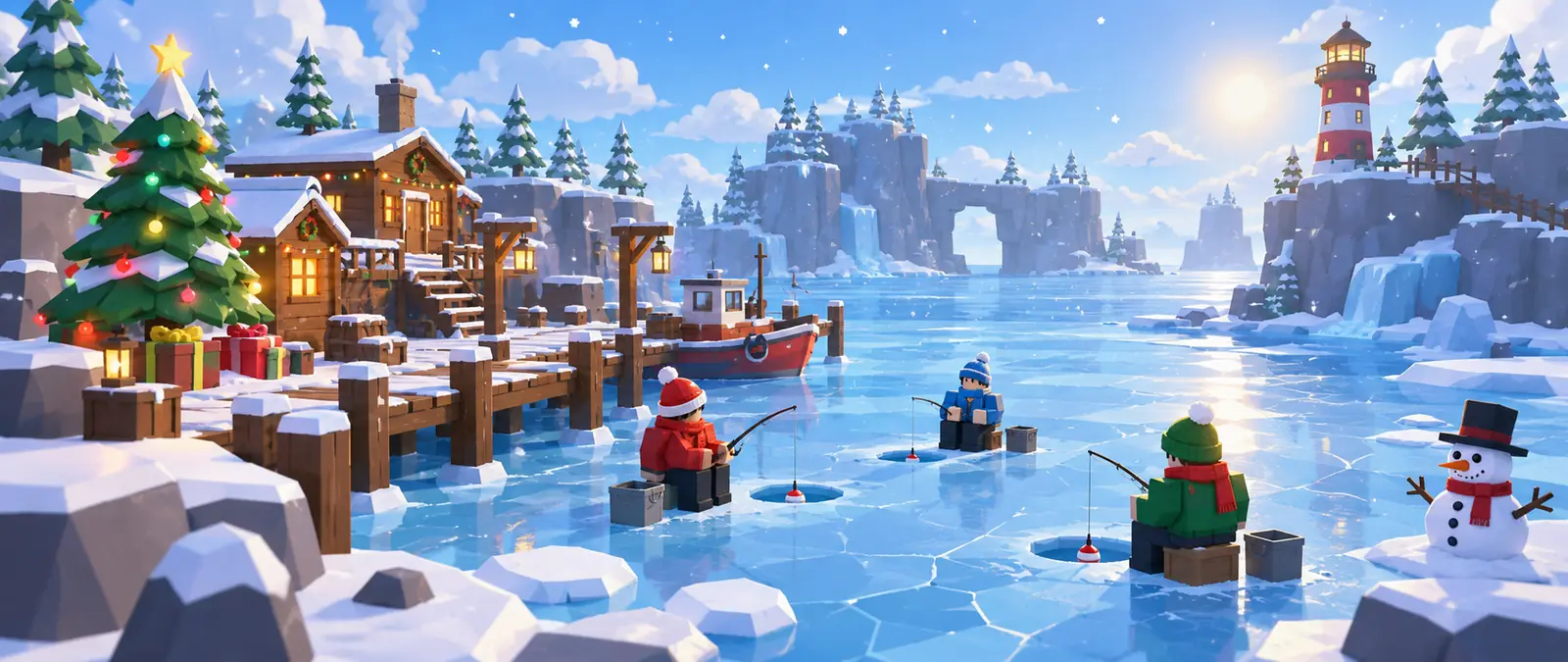 Fisch illustration of a snowy low-poly harbor at Christmas, with a decorated tree, gifts and lit cabins, blocky fishermen in winter hats ice fishing through holes in the frozen bay, a snowman and a lighthouse