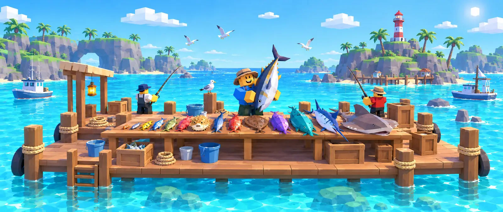 Fisch illustration of a long table on a sunny low-poly dock laid with caught fish of every size and color, from tiny fish to a swordfish and a shark, while a blocky angler proudly holds up a big tuna