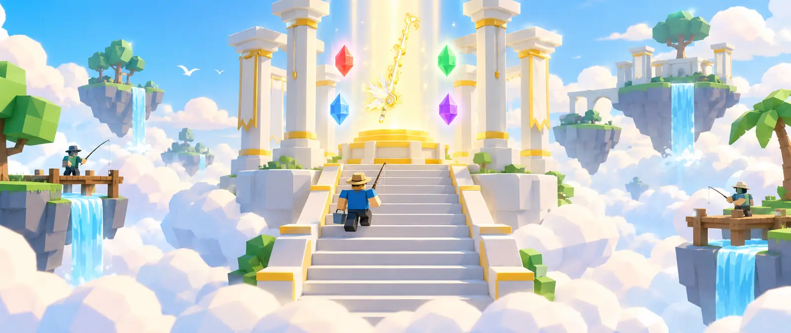 Fisch illustration of a white stone temple on the clouds where Heaven's Rod, a white rod wrapped in glowing gold spirals with white wings at the reel, floats in a beam of light between four colored crystals, as a blocky fisherman climbs the stairs past floating islands with waterfalls