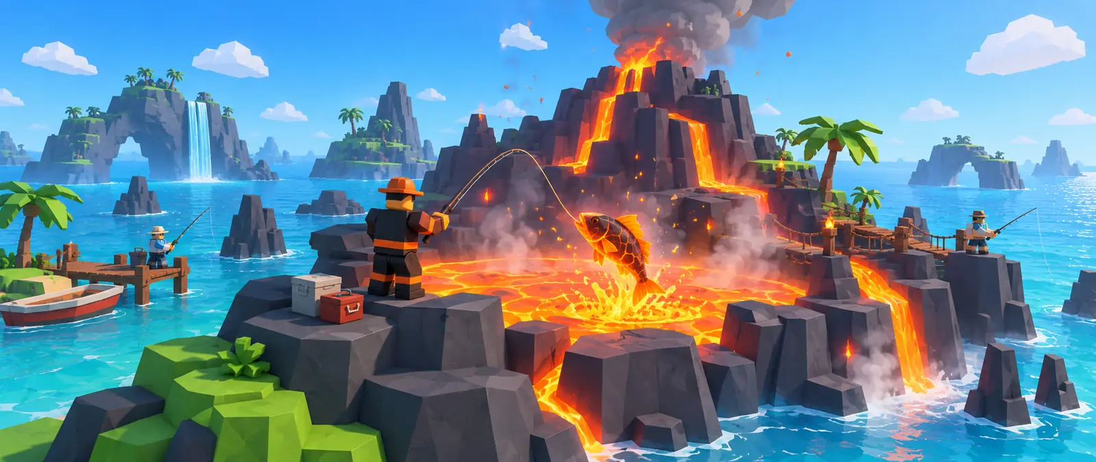 Fisch illustration of a low-poly volcanic island where lava pours into the sea, as a blocky angler in a heat-proof outfit hooks a fiery fish leaping from a lava pool