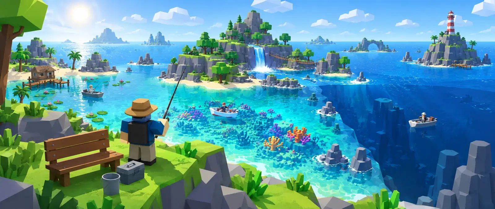 Fisch illustration of a blocky angler with a rod on a grassy cliff lookout, gazing over a low-poly bay with a lily-pad lagoon, a bright coral reef and a deep blue trench, each with a small fishing boat, below a waterfall island