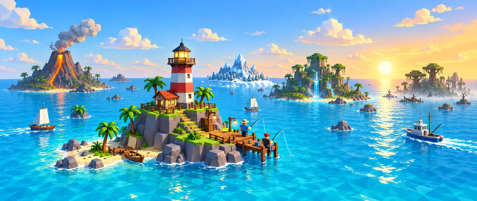 Fisch illustration of a low-poly lighthouse island with a fishing pier, looking out over very different islands, a smoking volcano, a snowy peak, a jungle cliff with a waterfall and a misty swamp, with sailboats between them