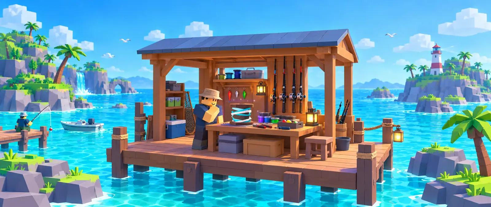 Fisch illustration of an open wooden fishing workshop on a dock over turquoise water, where a blocky angler admires Magic Thread, a wooden spool wrapped in cyan and white ribbon, on the workbench, with rods and lanterns around