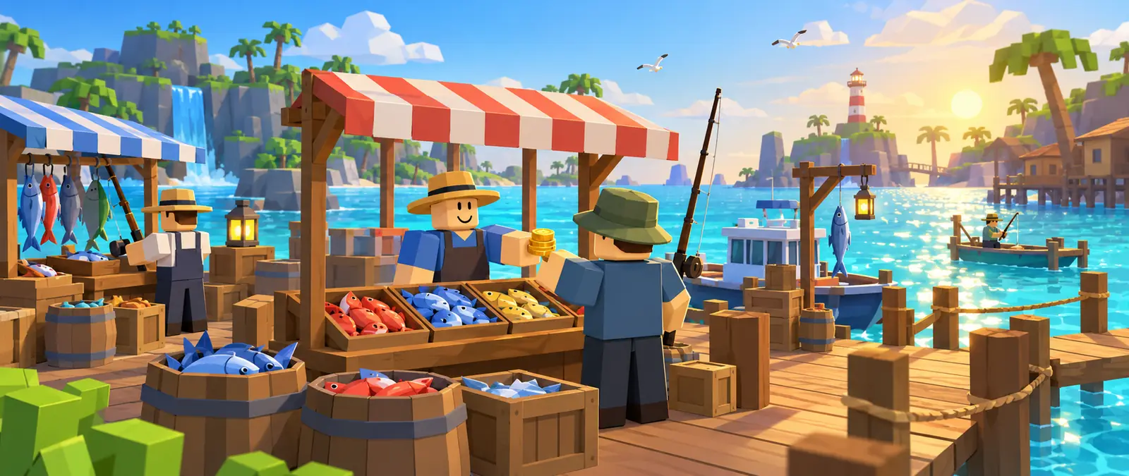 Fisch illustration of a low-poly seaside fish market: a blocky merchant hands gold coins to a fisherman across a stall of red, blue and yellow fish, with barrels, crates, a lighthouse and boats in the bay
