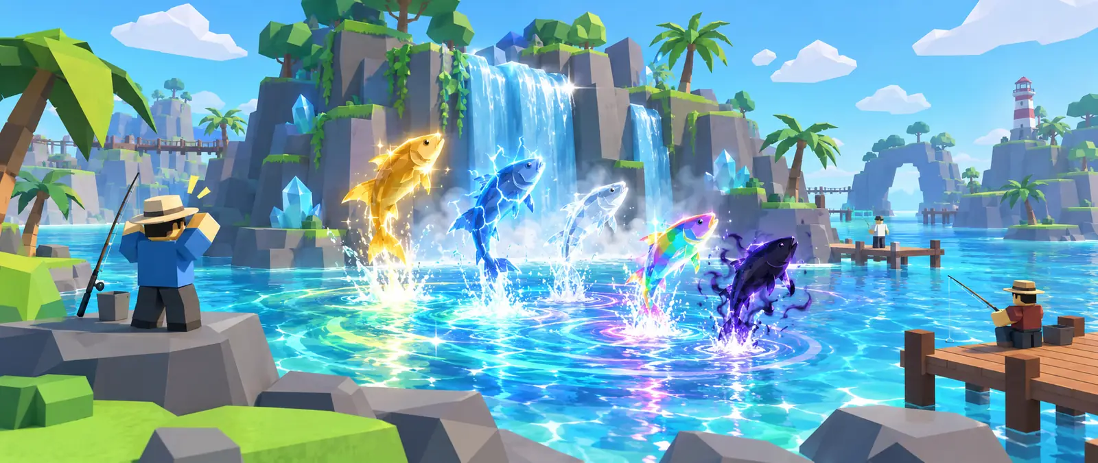 Fisch illustration of a glowing lagoon below a waterfall where five fish of the same kind leap out in different mutations, golden, electric blue, ghostly white, rainbow and shadowy purple, as a blocky angler watches in surprise