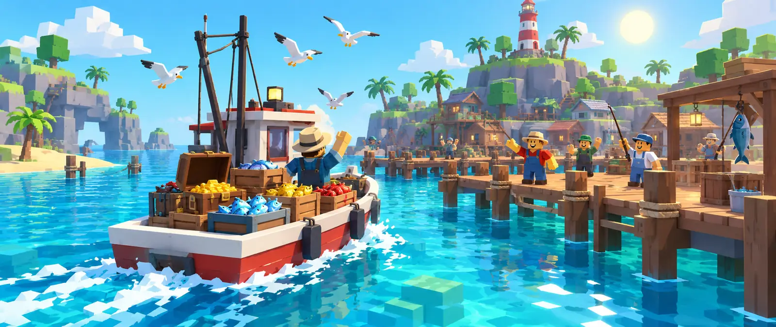 Fisch illustration of a small low-poly fishing boat sailing into harbor loaded with crates of colorful fish and an open chest of gold, with seagulls overhead and blocky fishermen waving from the dock