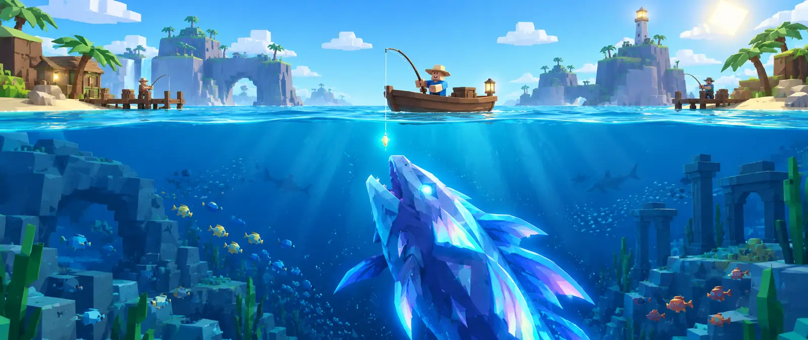 Fisch illustration of a split view above and below the water: a blocky fisherman in a small boat on the surface while a huge glowing crystal-blue fish rises from the deep toward the bait