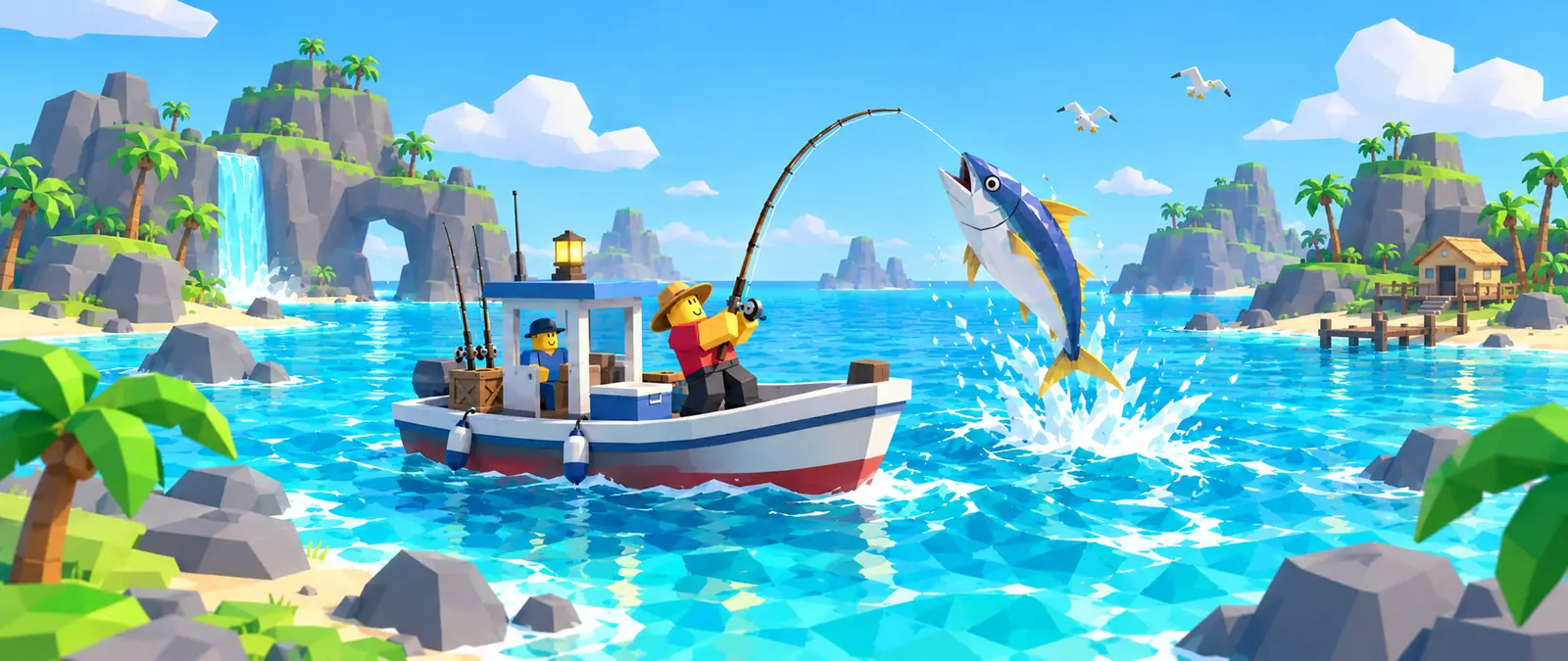 Fisch illustration of a blocky fisherman on a small low-poly boat leaning back with a strongly bent rod as a big tuna leaps out of the water in a splash, with islands and a waterfall behind