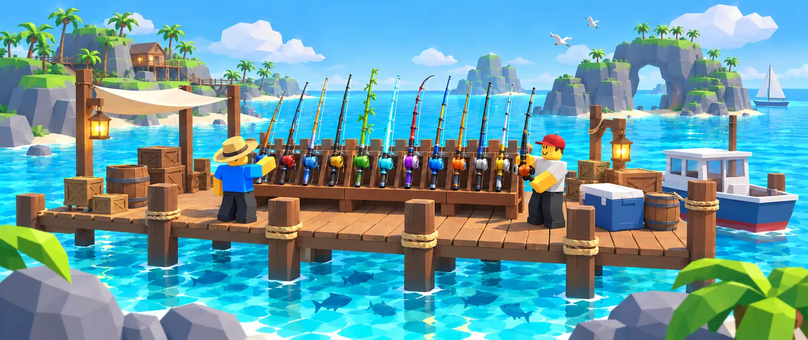 Fisch illustration of a sunny low-poly dock with a long rack of colorful fishing rods, two blocky fishermen picking rods, crates, a boat and palm-covered islands behind