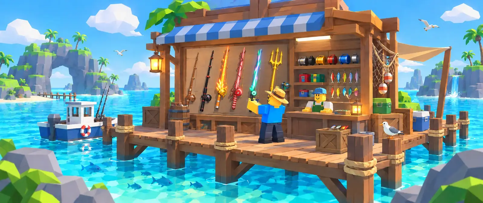 Fisch illustration of a low-poly tackle shop on a pier: a wall of fishing rods including the fiery orange Crystalized Rod, the red Kraken Rod, the glowing Aurora Rod and the golden Trident Rod, shelves of reels and lures, and blocky fishermen choosing gear