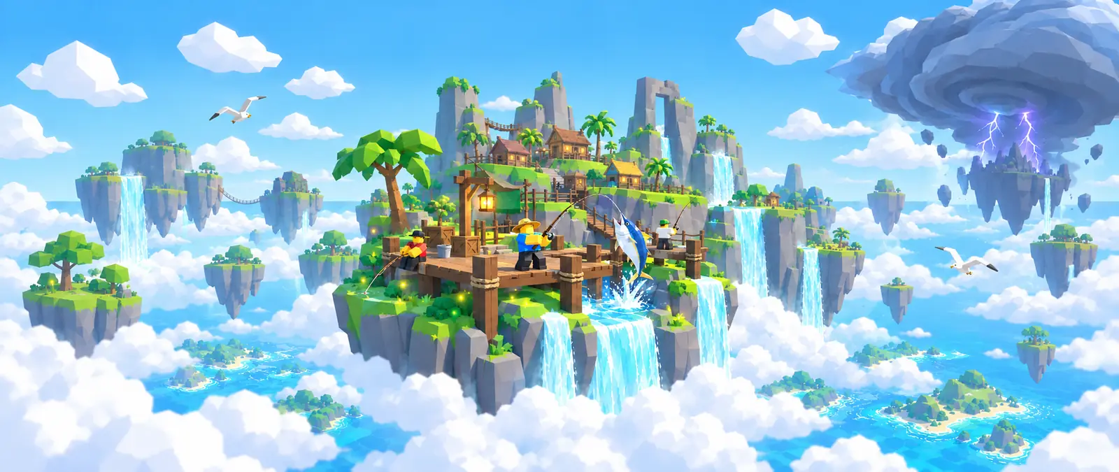 Fisch illustration of a low-poly island floating above the clouds, with waterfalls pouring off its edges, a small wooden village, blocky fishermen on a cliff-top dock and a swirling storm cloud nearby
