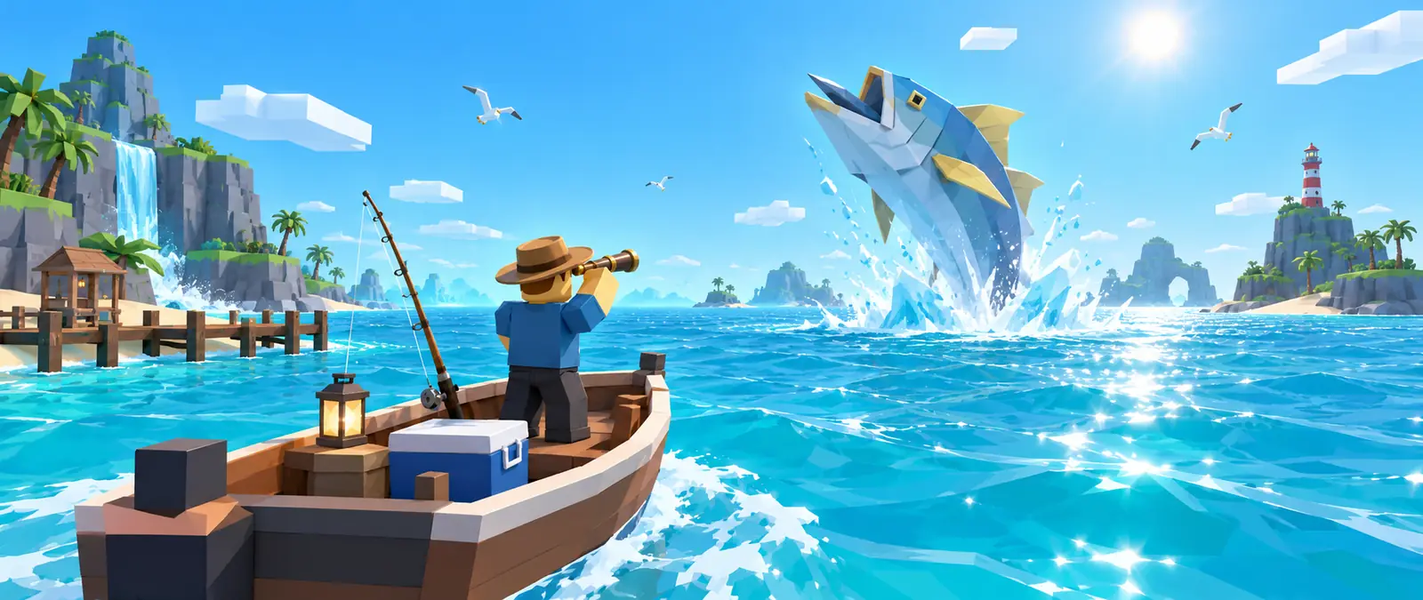 Fisch illustration of a blocky angler in a small boat looking through a spyglass at one huge fish leaping out of the sea in a big splash, with palm islands and a lighthouse
