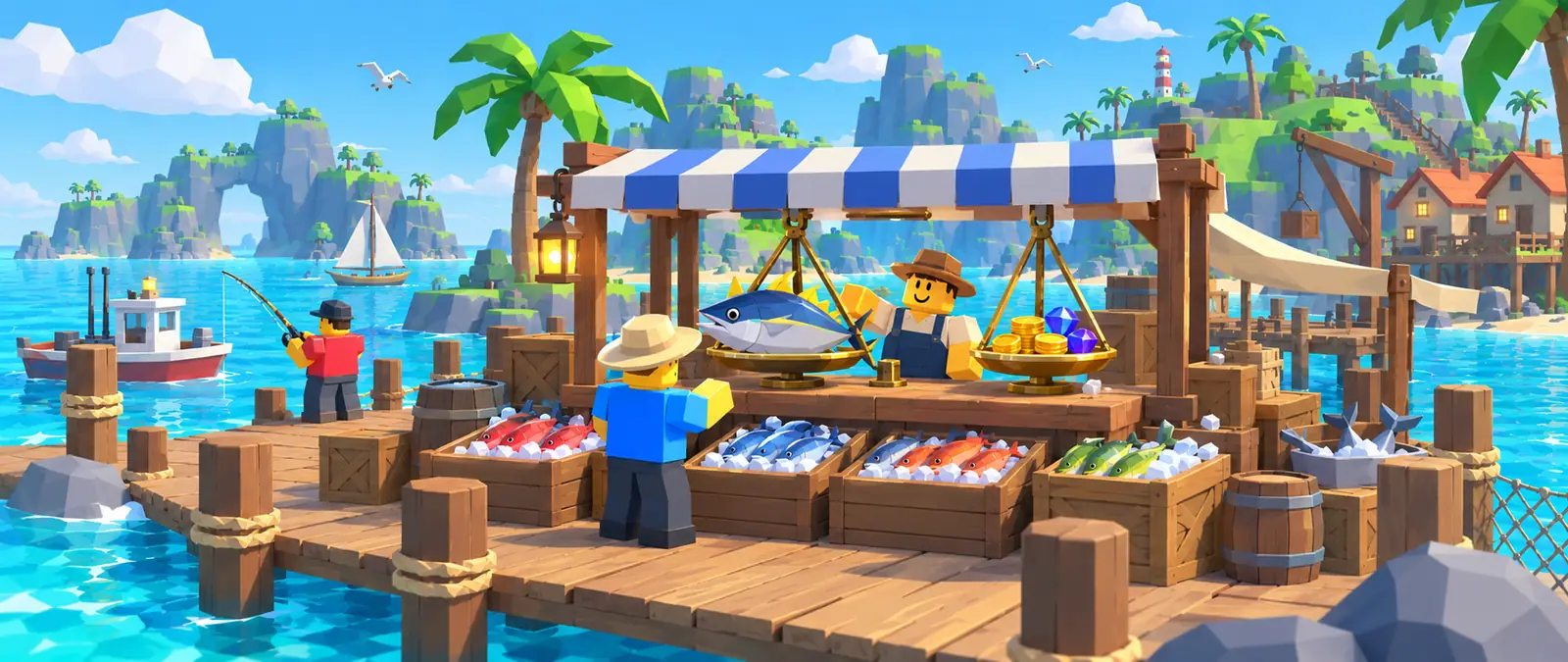 Fisch illustration of a low-poly seaside fish market: blocky fishermen at a stall with a big tuna on a brass balance scale, gold coins and gems, and crates of fish on ice by a bright harbor