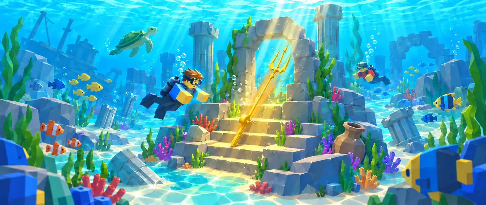 Fisch illustration of sunken low-poly stone ruins under clear turquoise water, with the all-gold Trident Rod (a three-pronged head, gold shaft and gold reel) on the steps, sunbeams, coral, fish, a sea turtle and blocky divers