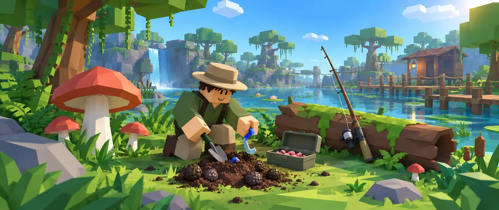 Fisch illustration of a blocky angler kneeling in a low-poly forest clearing to dig up a Truffle Worm, a blue blocky worm bent into a C shape, beside black truffles, with giant red mushrooms, a bait box of worms, a rod leaning on a mossy log and a swamp pond behind