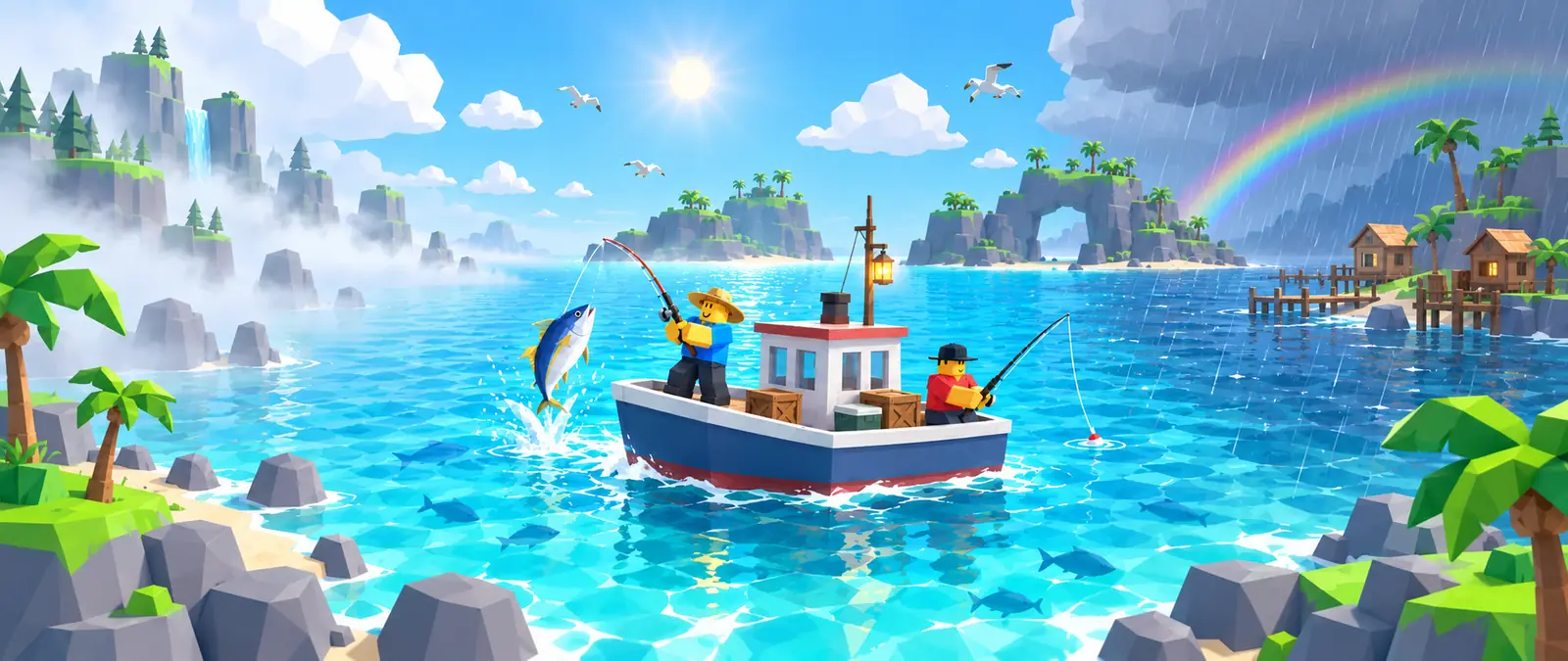 Fisch illustration of a low-poly sea where the weather changes from fog on the left to bright sun in the middle and a rain shower with a rainbow on the right, with blocky fishermen catching a fish from a small boat